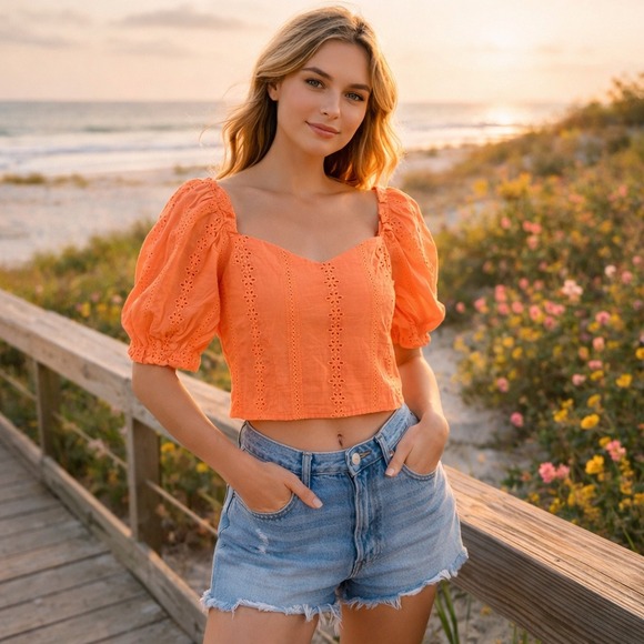 wild fable Tops - Wild Fable Orange Eyelet Puff Sleeve Crop Top Sweetheart Neck Smocked Back M NEW